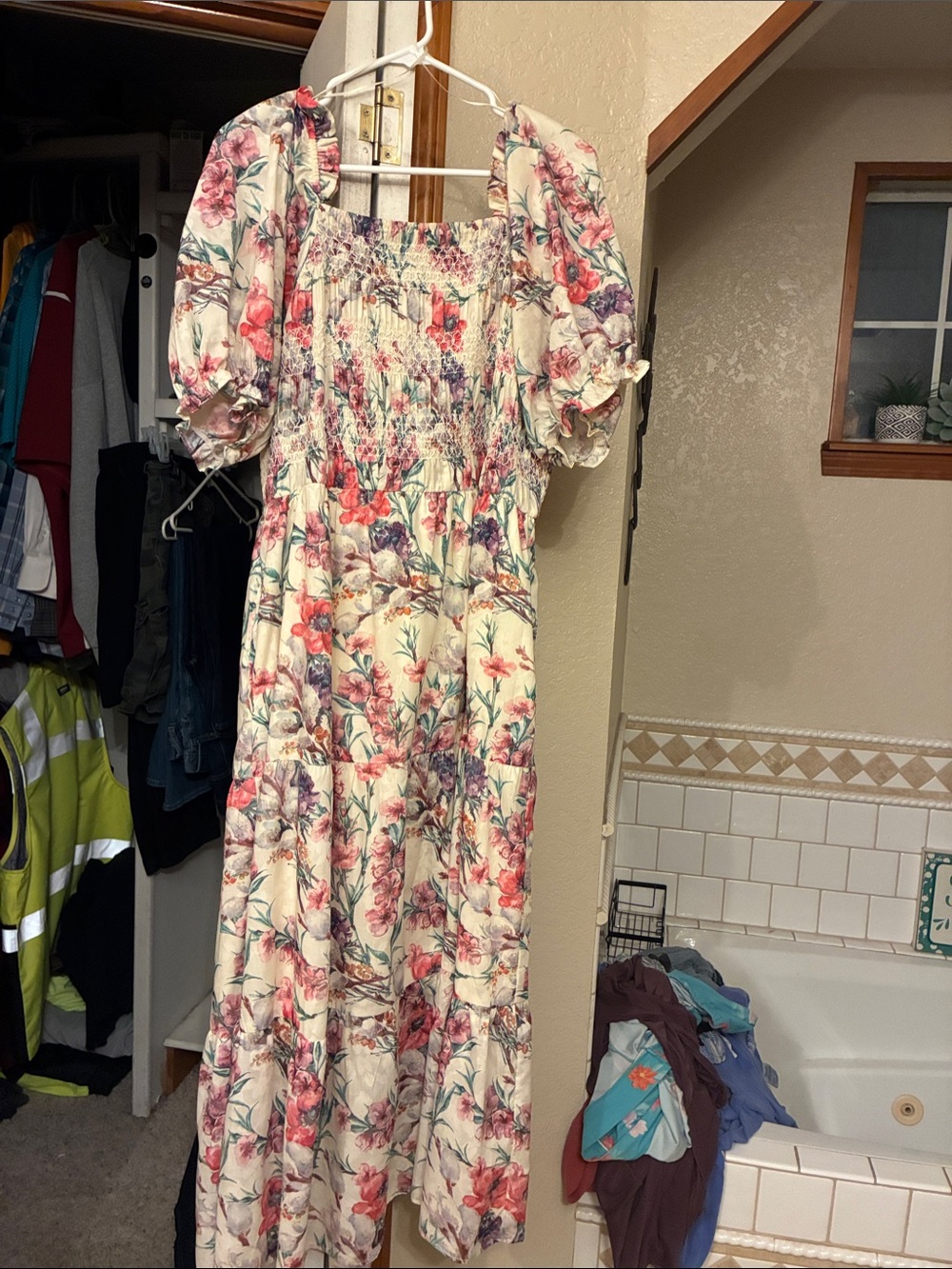 Polagram Cream Floral Puff-Sleeve Smocked Maxi Dress
